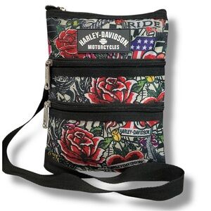 Harley Davidson Black and Red Floral Roses Crossbody Bag